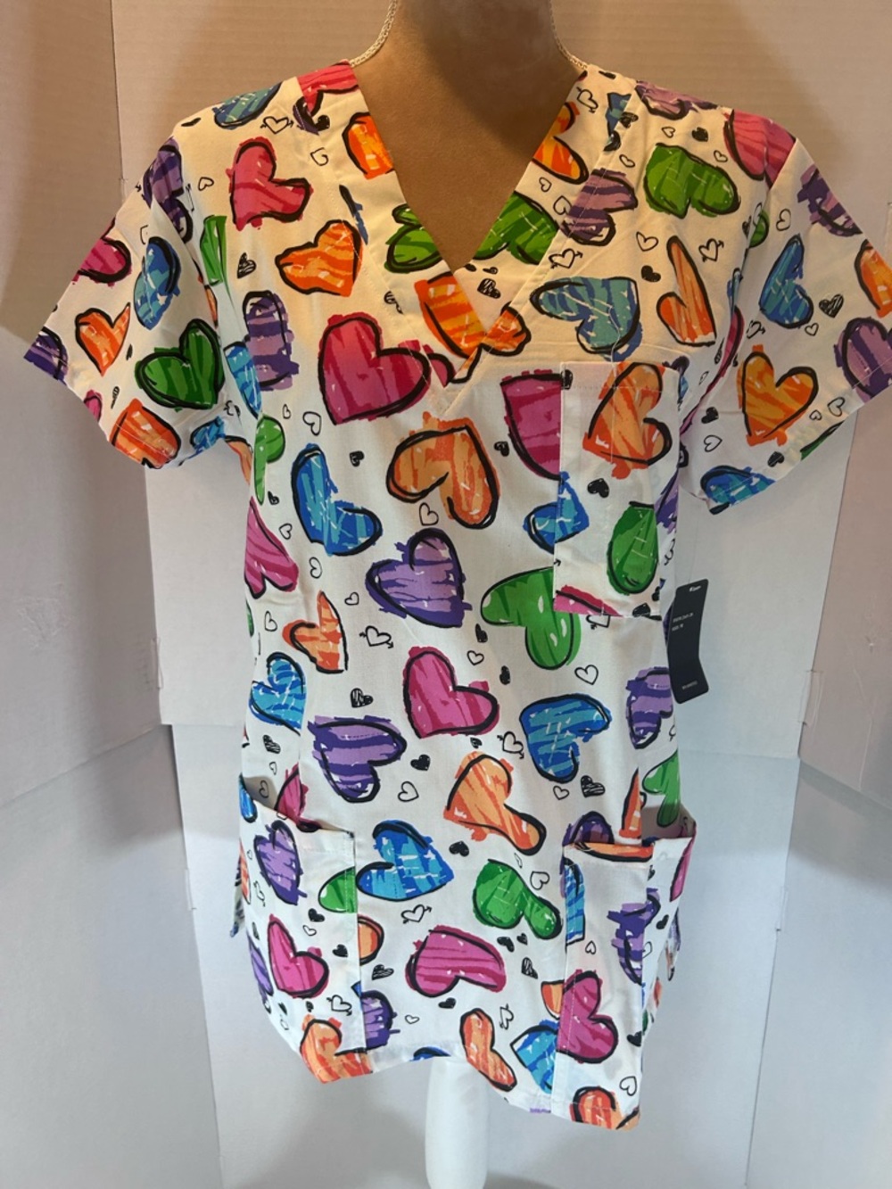 Heart Print V-Neck Scrub Top - Multicolor
